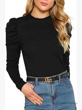 Puff Long Sleeve Slim Fit T Shirt Tops Crewneck Ribbed Knit Lightweight